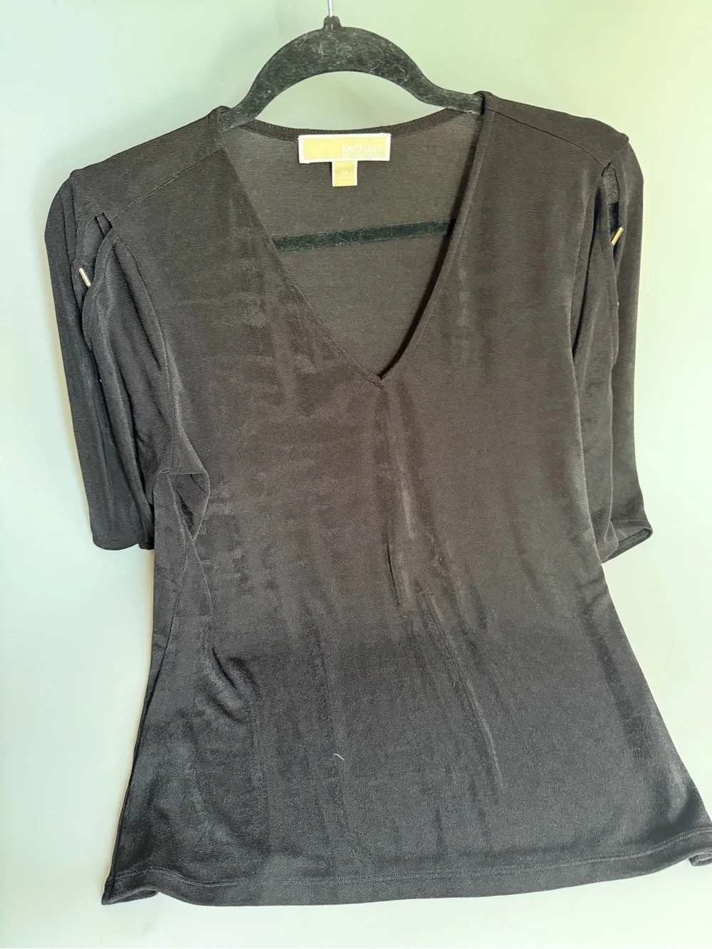 Michael Kors Black V-Neck Short Sleeve Tee with Sleeve Tab Detail